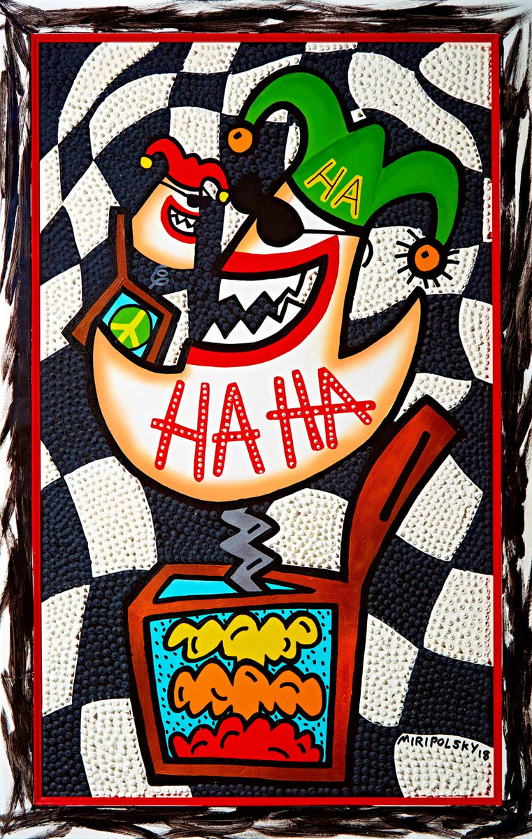 Miripolsky presents sharktales.art - HA HA "Truth is often told in jest." An original oil and silicone on canvas, hand painted in 2017. 56"x45", erc-721